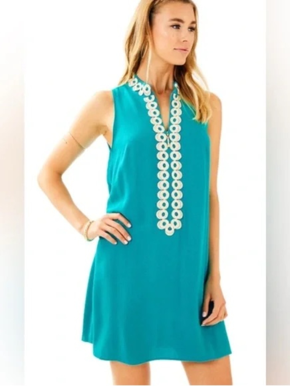 Lilly Pulitzer Teal Jane Shift Dress with Gold Embroidery 0